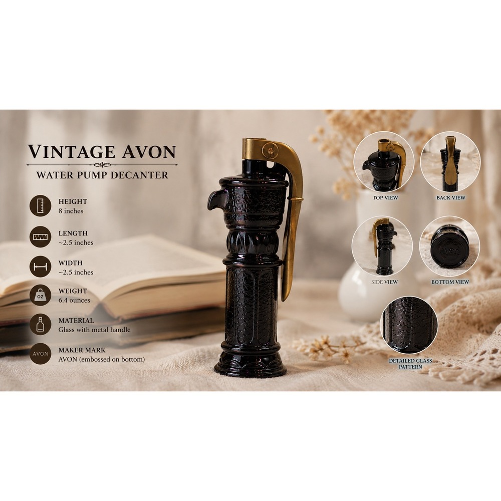 Vintage Avon Black Amethyst Glass Water Pump Decanter Gold‎ Handle Collectible